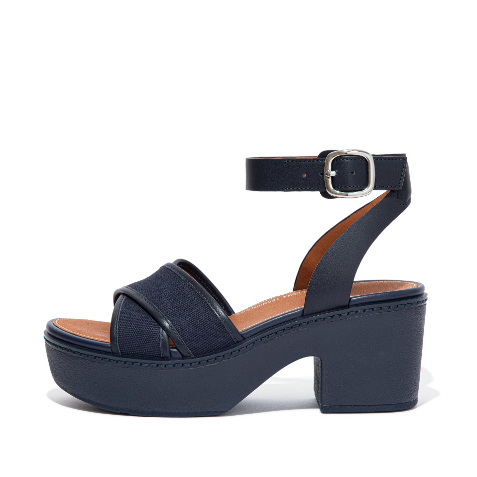 Fitflop PILAR Canvas Ankle-Strap Platform Sandals Midnight Navy ...